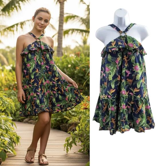 Janie and Jack Jungle Ring Dress Girls Size 12 Navy Blue Halter Peplum Mini - Picture 1 of 16